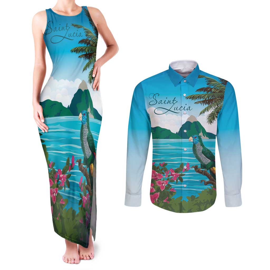 Saint Lucia Island Couples Matching Tank Maxi Dress and Long Sleeve Button Shirt Pitons Landscape