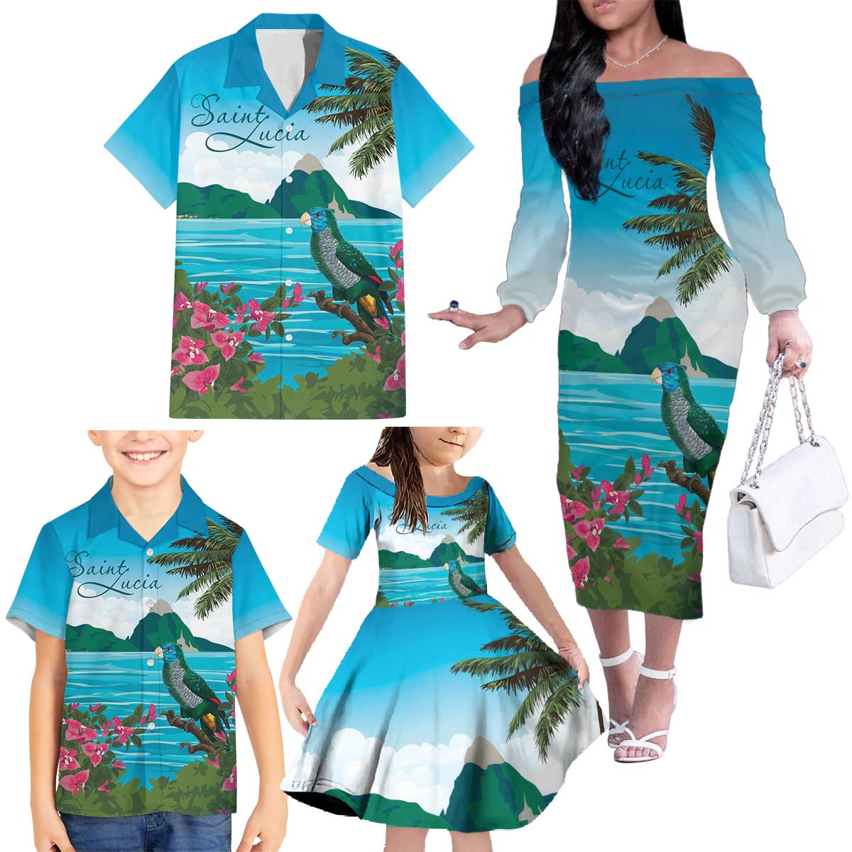 Saint Lucia Island Family Matching Off The Shoulder Long Sleeve Dress and Hawaiian Shirt Pitons Landscape