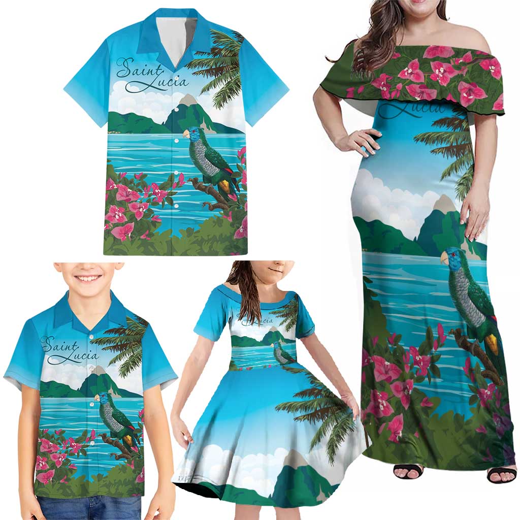 Saint Lucia Island Family Matching Off Shoulder Maxi Dress and Hawaiian Shirt Pitons Landscape