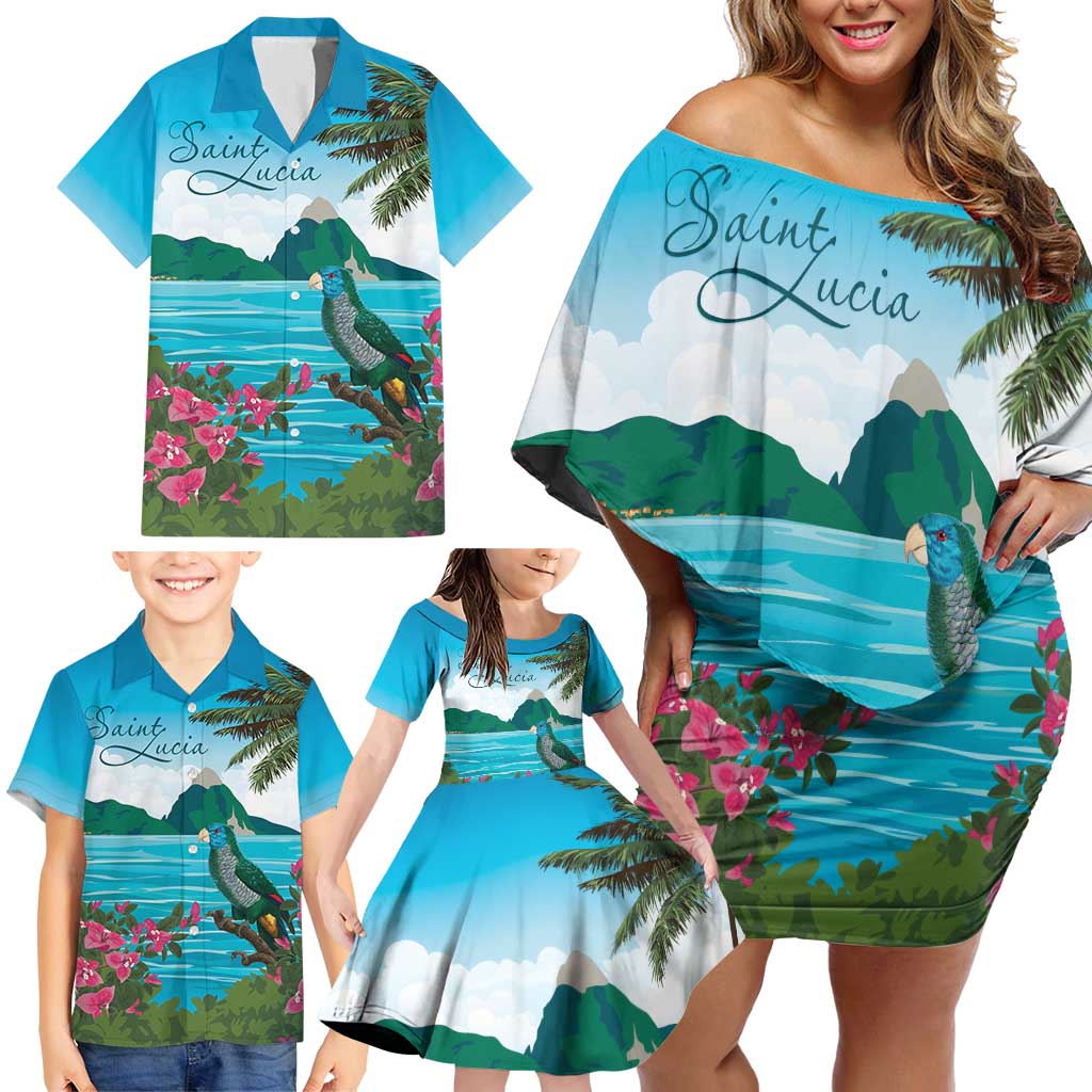 Saint Lucia Island Family Matching Off Shoulder Short Dress and Hawaiian Shirt Pitons Landscape