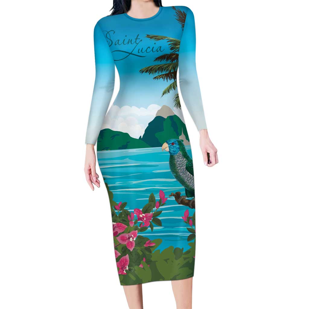 Saint Lucia Island Long Sleeve Bodycon Dress Pitons Landscape