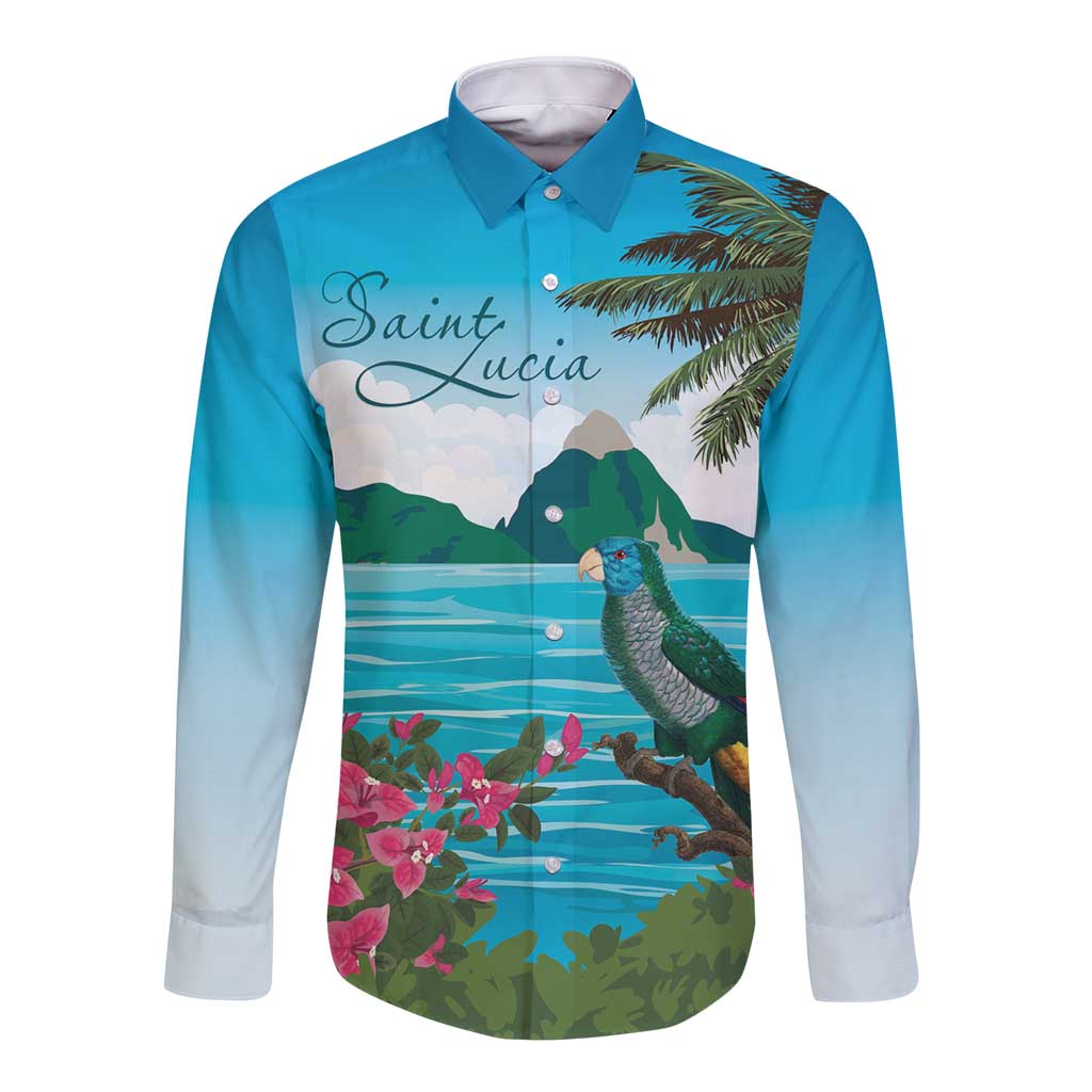 Saint Lucia Island Long Sleeve Button Shirt Pitons Landscape