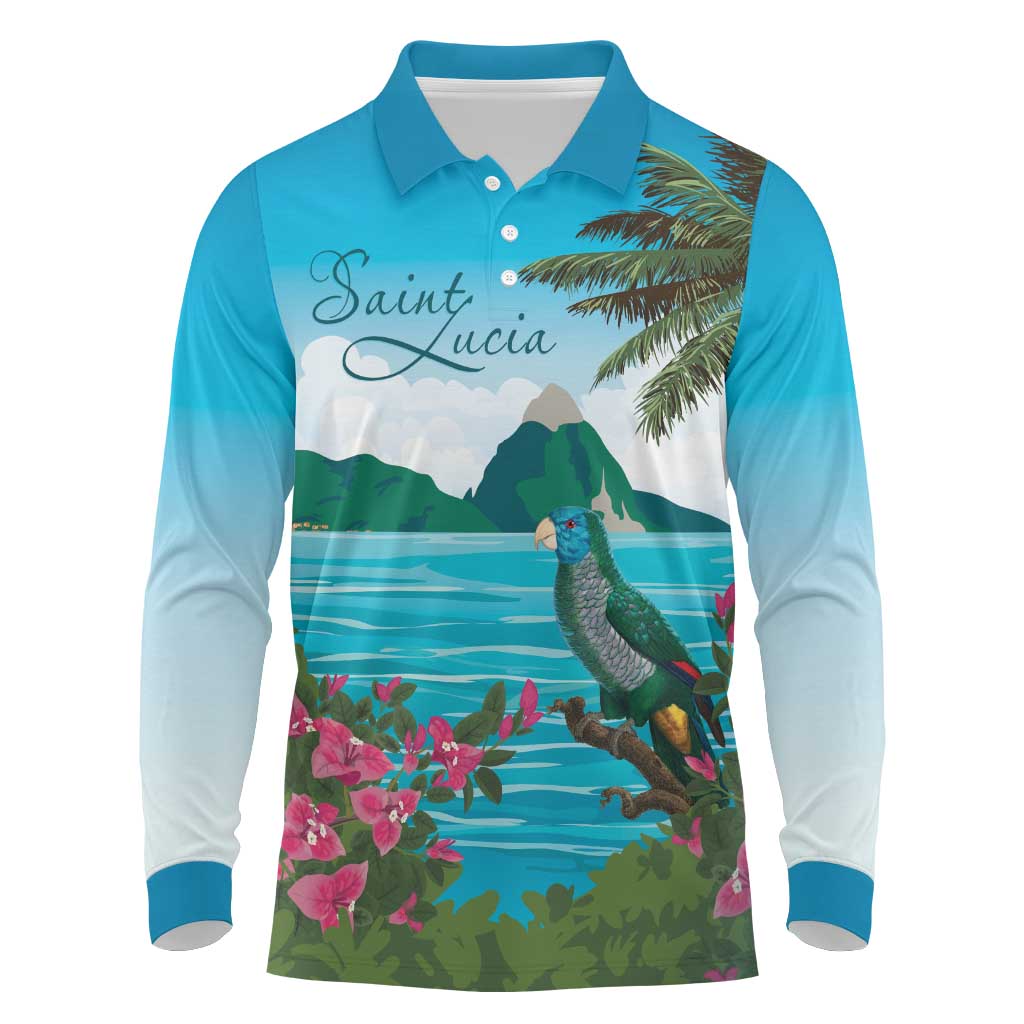 Saint Lucia Island Long Sleeve Polo Shirt Pitons Landscape