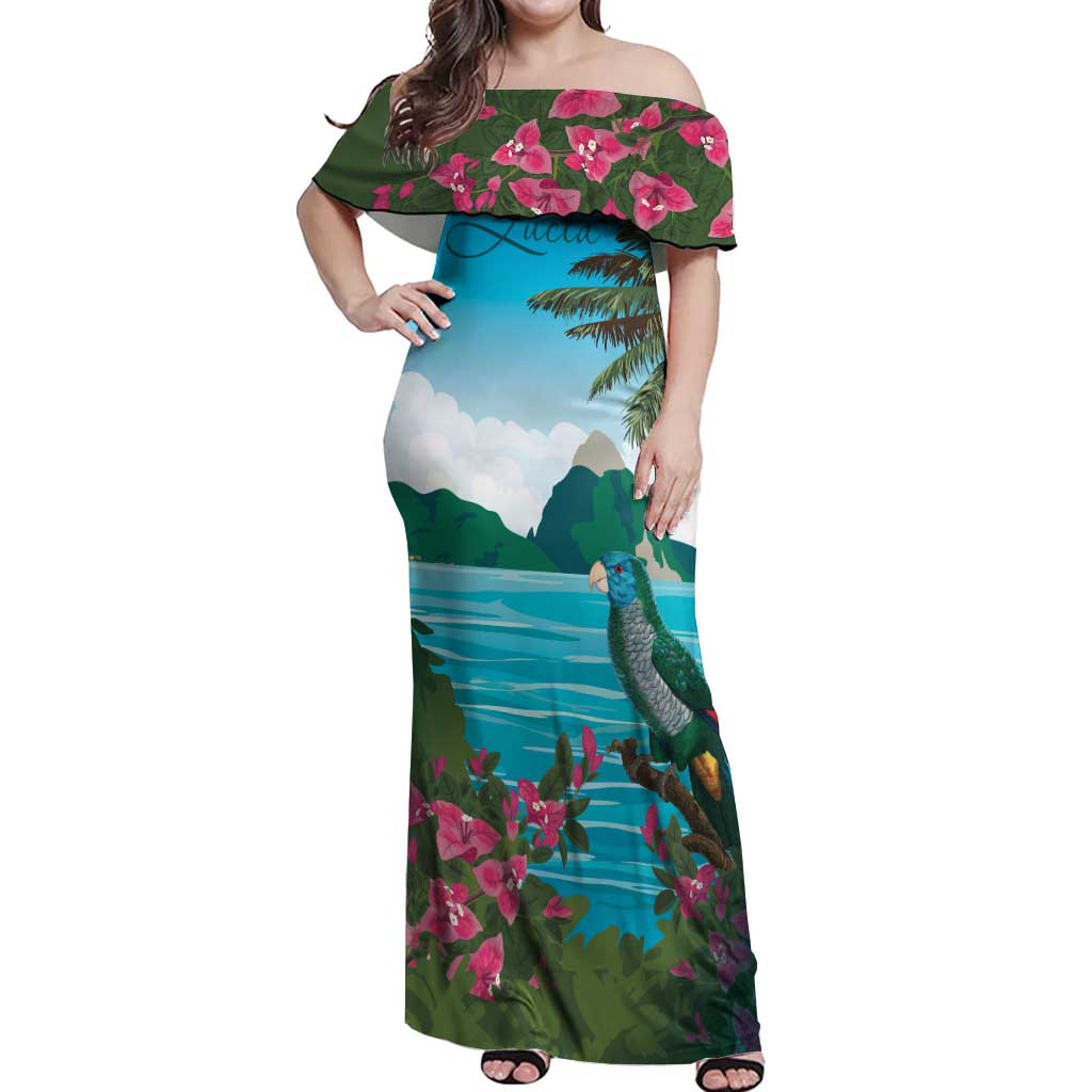 Saint Lucia Island Off Shoulder Maxi Dress Pitons Landscape