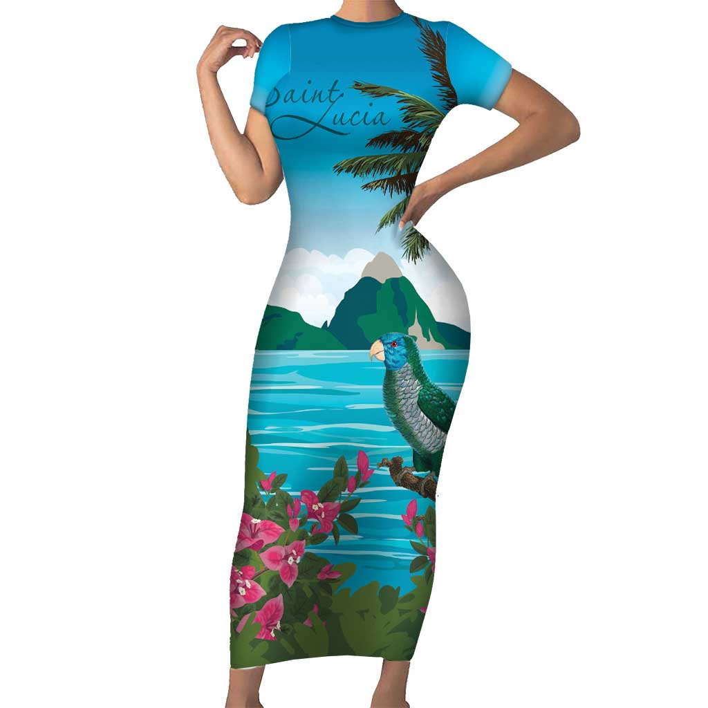 Saint Lucia Island Short Sleeve Bodycon Dress Pitons Landscape