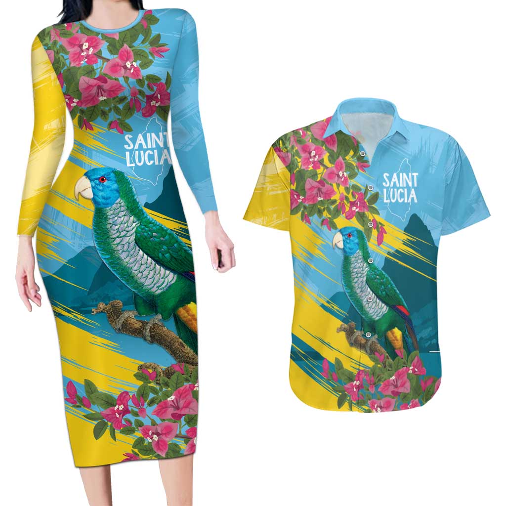 Saint Lucia Couples Matching Long Sleeve Bodycon Dress and Hawaiian Shirt Tropical Vibes