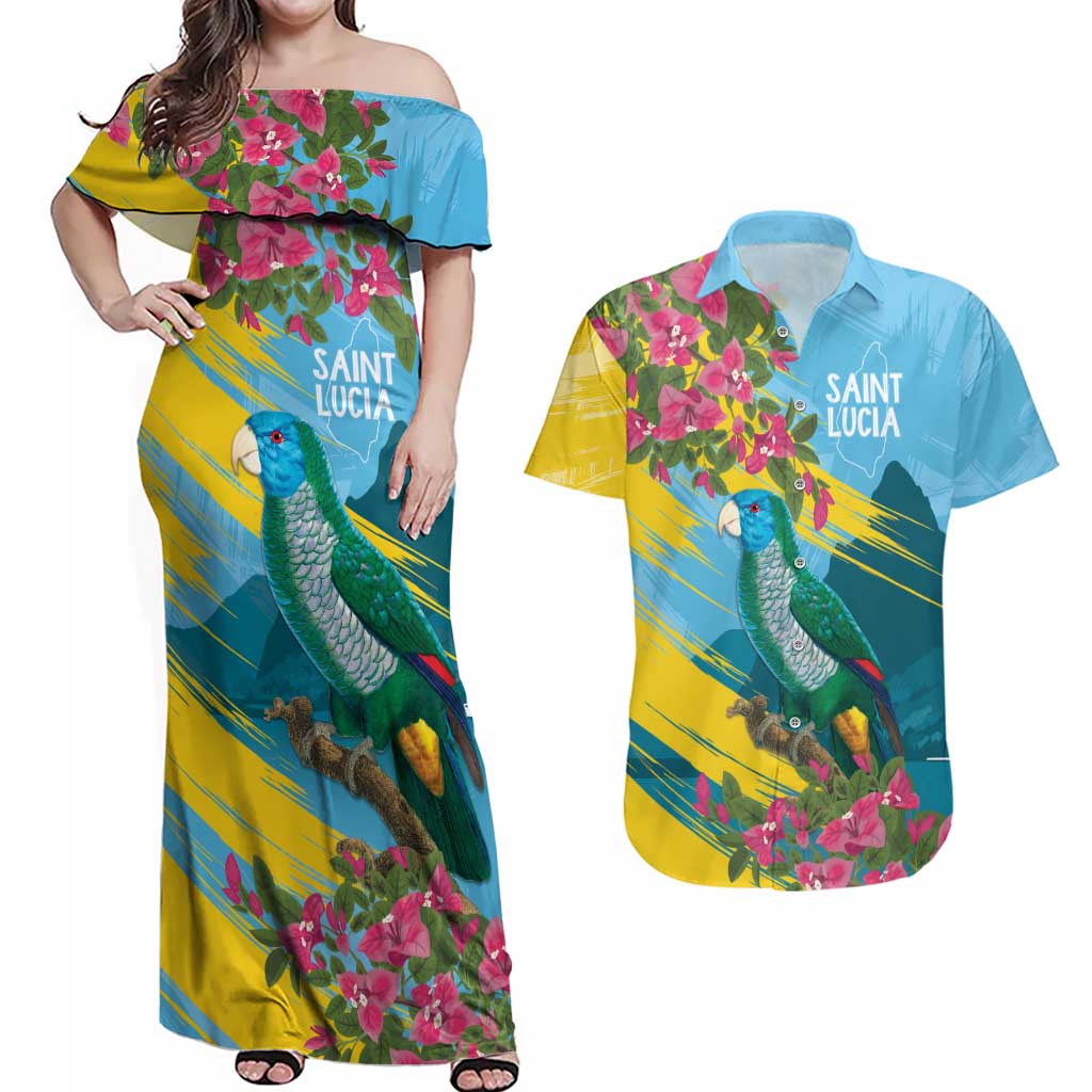 Saint Lucia Couples Matching Off Shoulder Maxi Dress and Hawaiian Shirt Tropical Vibes