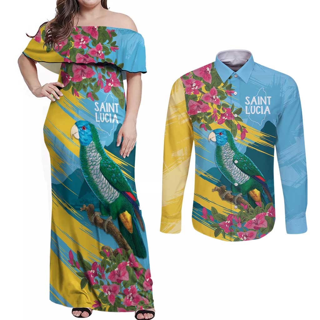 Saint Lucia Couples Matching Off Shoulder Maxi Dress and Long Sleeve Button Shirt Tropical Vibes