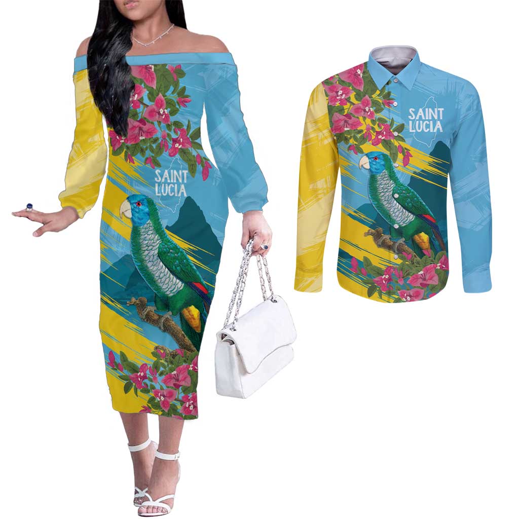 Saint Lucia Couples Matching Off The Shoulder Long Sleeve Dress and Long Sleeve Button Shirt Tropical Vibes