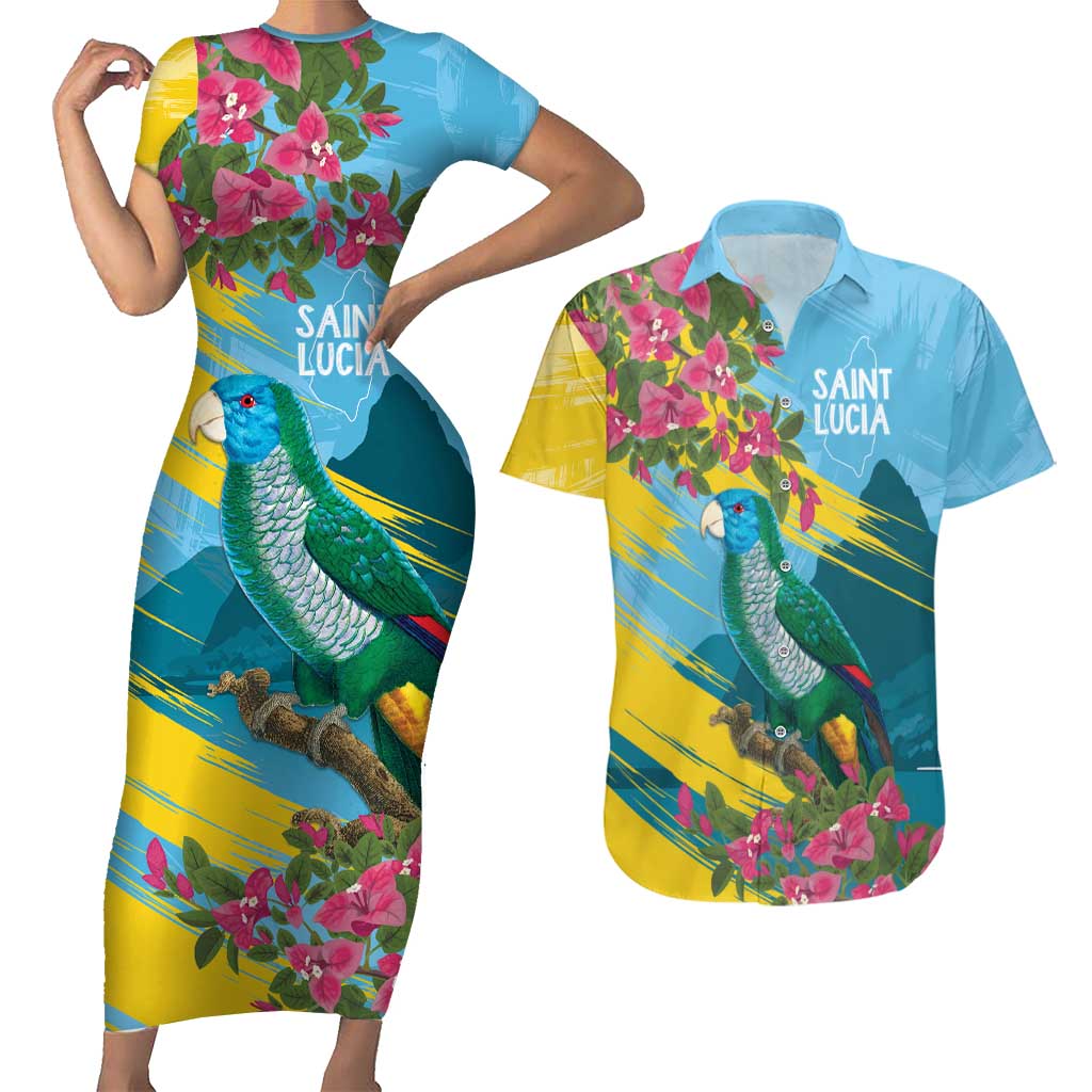 Saint Lucia Couples Matching Short Sleeve Bodycon Dress and Hawaiian Shirt Tropical Vibes