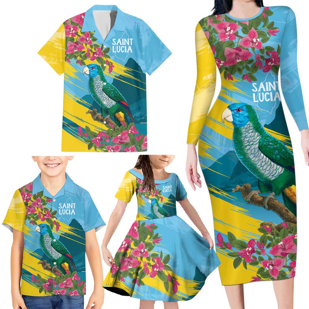 Saint Lucia Family Matching Long Sleeve Bodycon Dress and Hawaiian Shirt Tropical Vibes