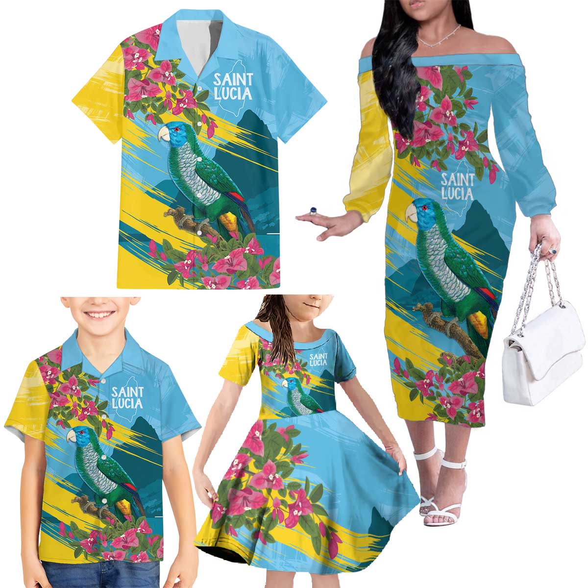 Saint Lucia Family Matching Off The Shoulder Long Sleeve Dress and Hawaiian Shirt Tropical Vibes