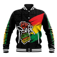 Black baseball jacket with striped ribbed collar and button front, multicolor graphic