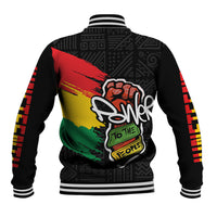 Black baseball jacket back with striped hem, button front details, multicolor graphic