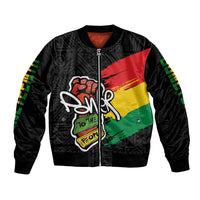 Unisex black bomber jacket, full-zip front with ribbed collar and large multicolor graffiti graphic