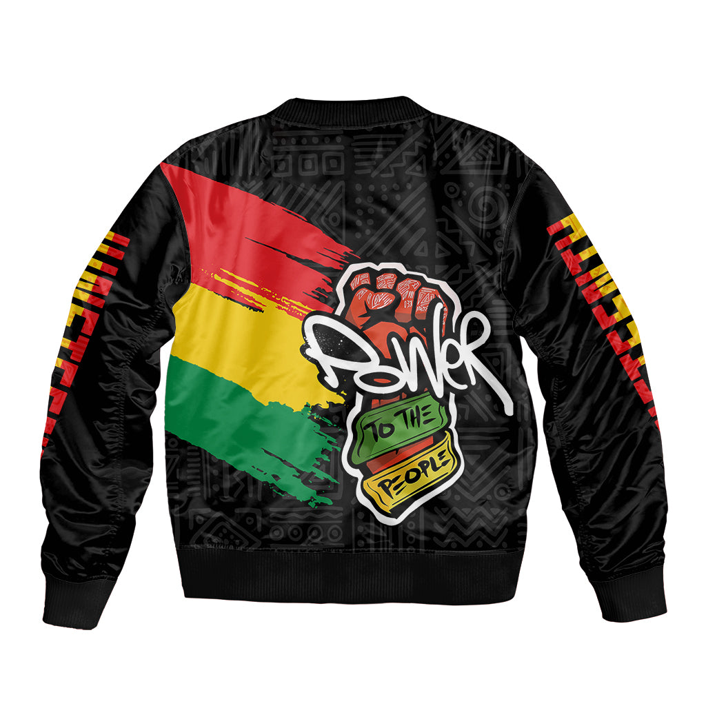 Unisex black bomber jacket back, ribbed hem and centered multicolor flag-style street graphic