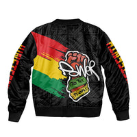 Unisex black bomber jacket back, ribbed hem and centered multicolor flag-style street graphic