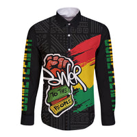 Black long-sleeve button shirt with front graffiti print