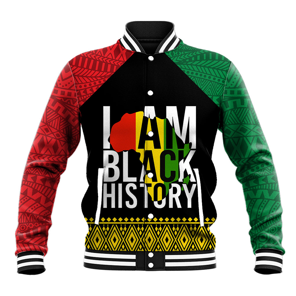 Baseball jacket with black front, red/green patterned sleeves, striped ribbed collar