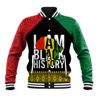 Baseball jacket with black front, red/green patterned sleeves, striped ribbed collar
