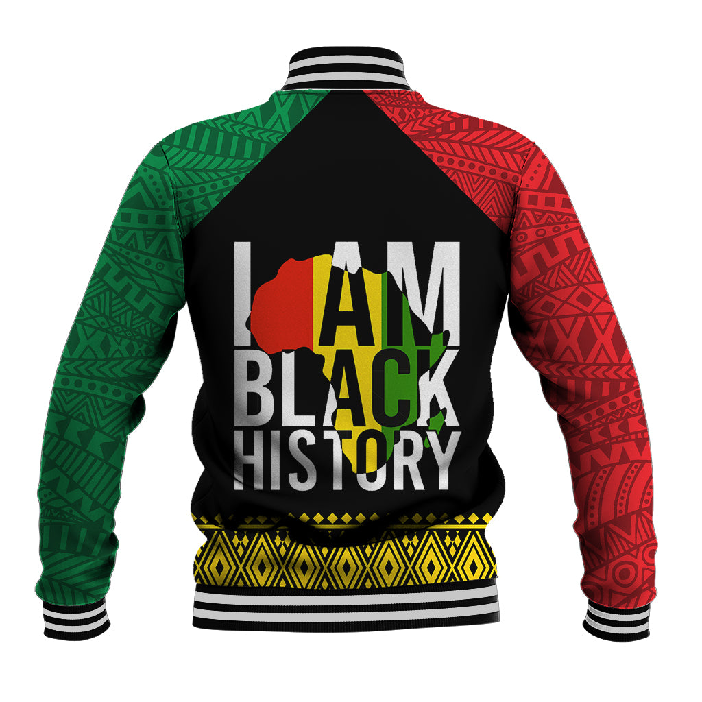 Baseball jacket with black back, red/green patterned sleeves, striped ribbed cuffs