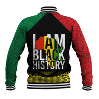 Baseball jacket with black back, red/green patterned sleeves, striped ribbed cuffs