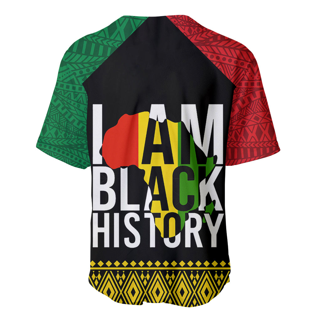 Black baseball jersey back with 'I AM BLACK HISTORY' print and red/green patterned yoke