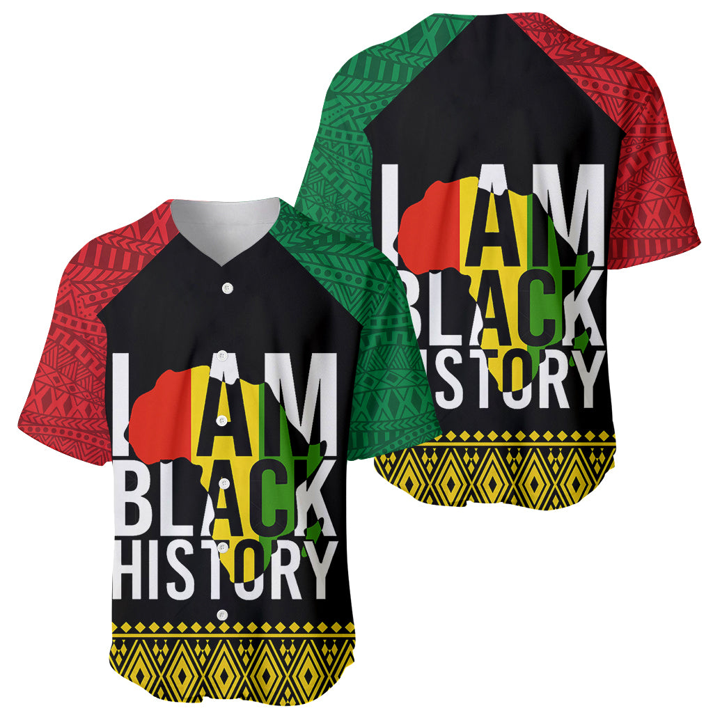 Two black baseball jerseys with 'I AM BLACK HISTORY' print and red/green patterned sleeves