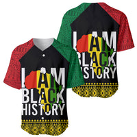 Two black baseball jerseys with 'I AM BLACK HISTORY' print and red/green patterned sleeves