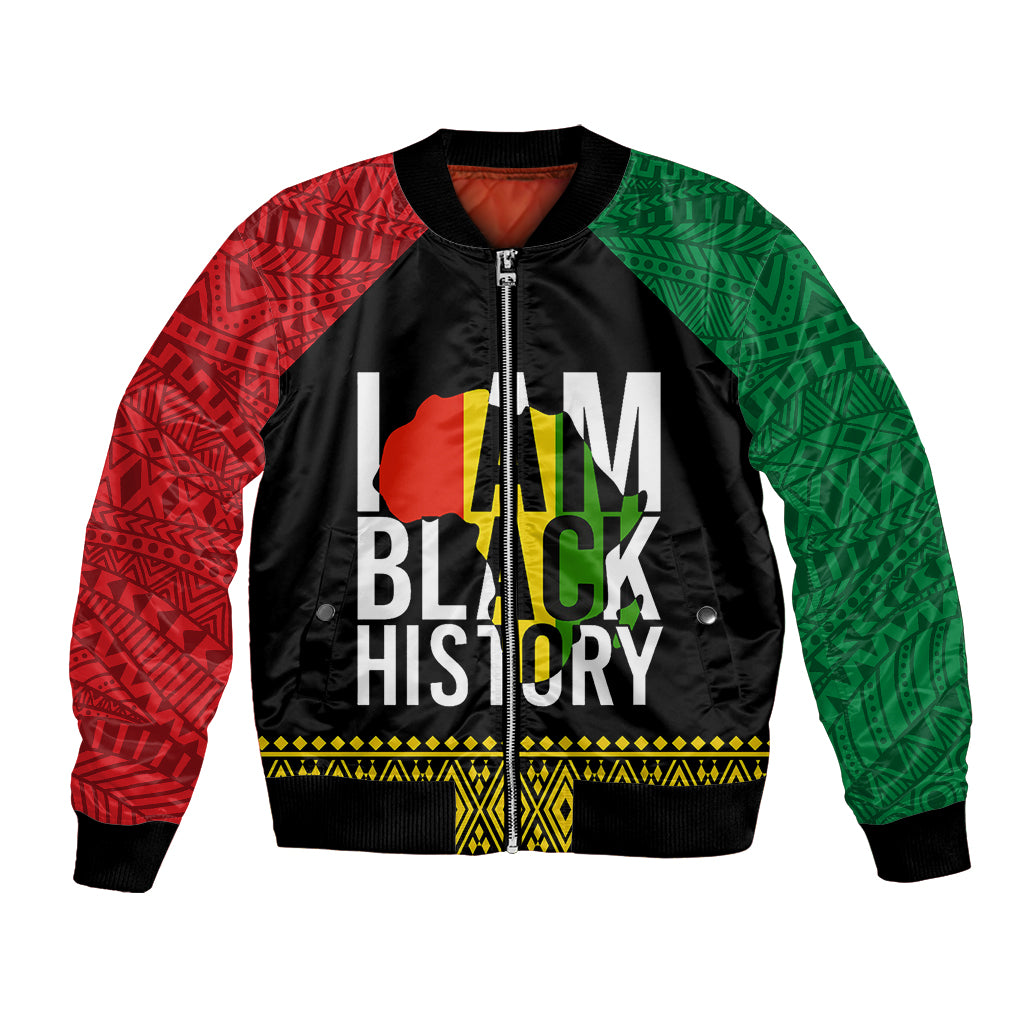 Unisex black bomber jacket with red and green patterned sleeves, front zipper and graphic print