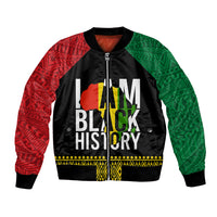 Unisex black bomber jacket with red and green patterned sleeves, front zipper and graphic print