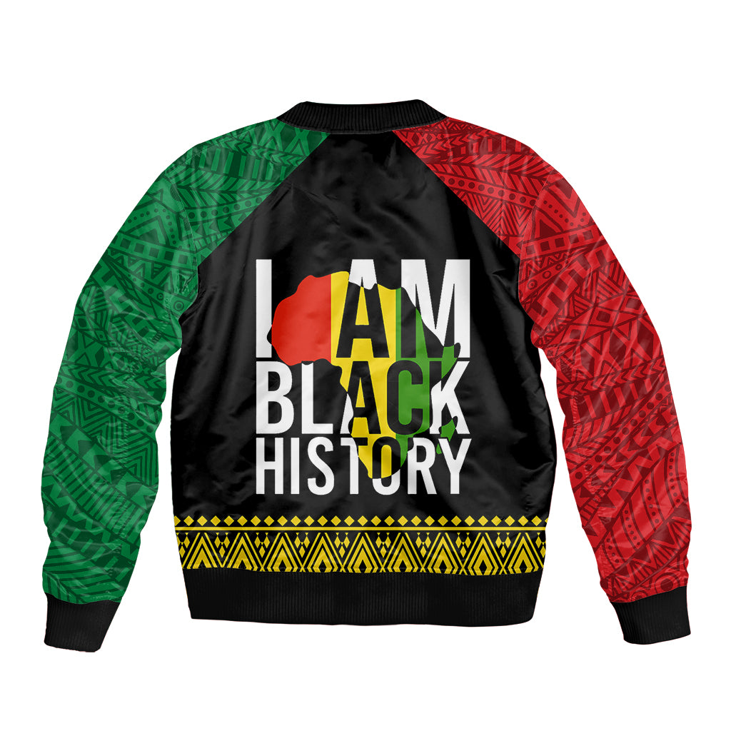 Unisex black bomber jacket with red and green patterned sleeves, back graphic print