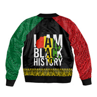 Unisex black bomber jacket with red and green patterned sleeves, back graphic print