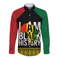 Long sleeve button shirt with black collar and bold red-green African pattern graphic