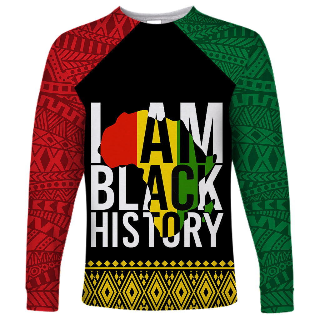 Long-sleeve raglan shirt with black body, red left and green right patterned sleeves, front graphic