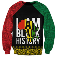 Unisex sweatshirt with black body, red-green patterned sleeves and 'I AM BLACK HISTORY' graphic