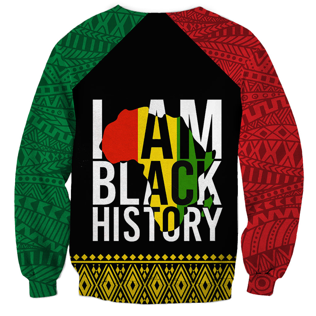Unisex sweatshirt with black front graphic and red/green African pattern raglan sleeves