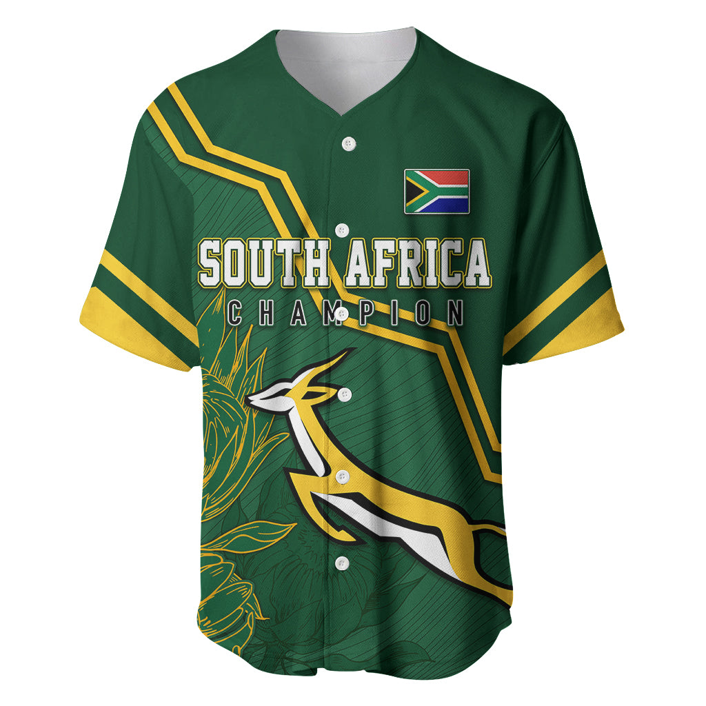 Green rugby-style baseball jersey, V-neck, South Africa Champion logo and flag patch