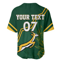 Green rugby-style baseball jersey back, yellow trim, 'YOUR TEXT' 07 and springbok graphic