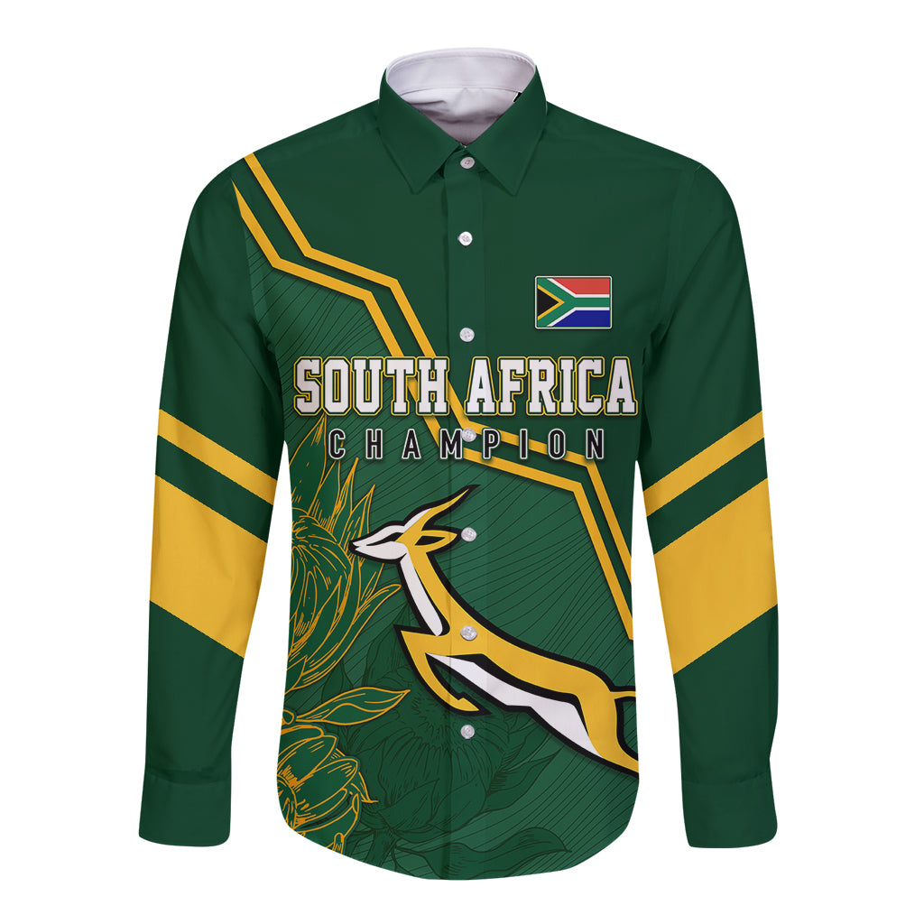Green long-sleeve button rugby shirt with South Africa champ graphic and flag patch