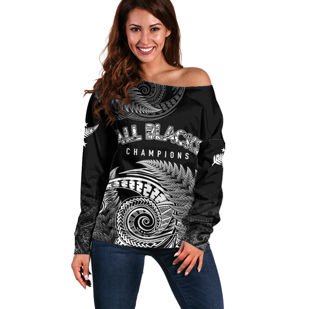 New Zealand Rugby 2023 Off Shoulder Sweater Aotearoa Silver Ferns Champions - Wonder Print Shop