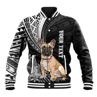 Black baseball jacket with Polynesian patterns and bulldog graphic, snap button front