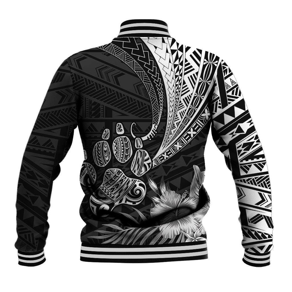 Black baseball jacket with Polynesian back print, striped ribbed collar and cuffs