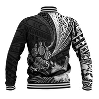 Black baseball jacket with Polynesian back print, striped ribbed collar and cuffs