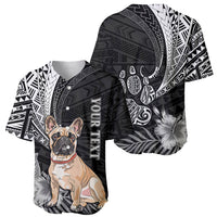 Black Polynesian baseball jersey with bulldog artwork and tropical floral tribal print