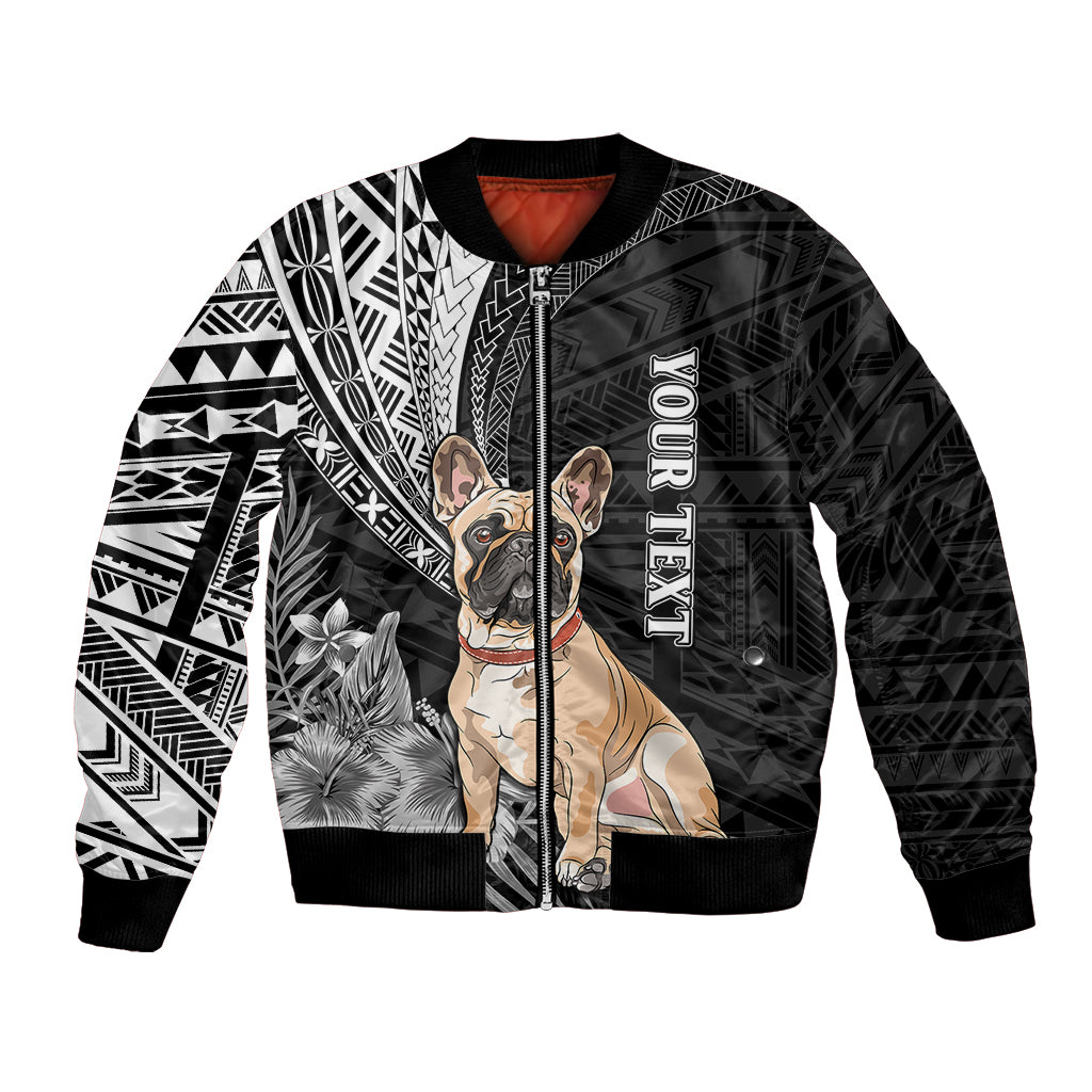 Black bomber jacket with bulldog graphic and tribal Polynesian patterns on front