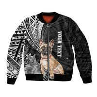 Black bomber jacket with bulldog graphic and tribal Polynesian patterns on front