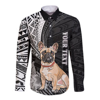 Black long-sleeve button shirt with Polynesian patterns and bulldog graphic