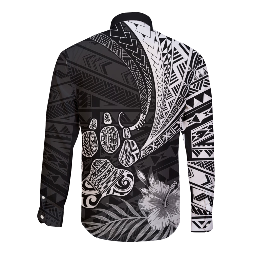 Black long-sleeve button shirt with Polynesian patterns, bulldog and floral print