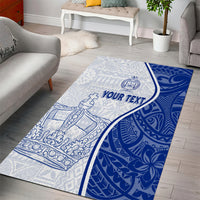 Personalized area rug with blue corner panel and white center showing 'YOUR TEXT'